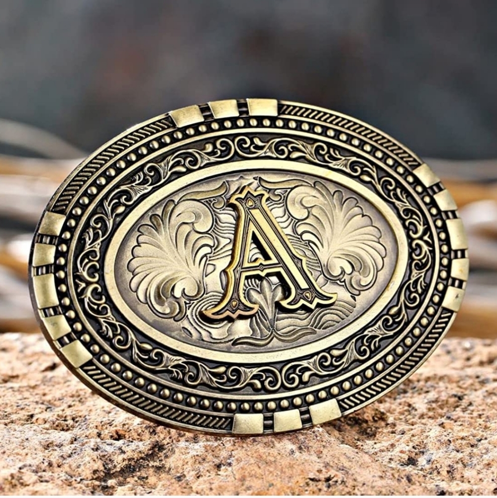 New gold oval initial letter western belt buckle